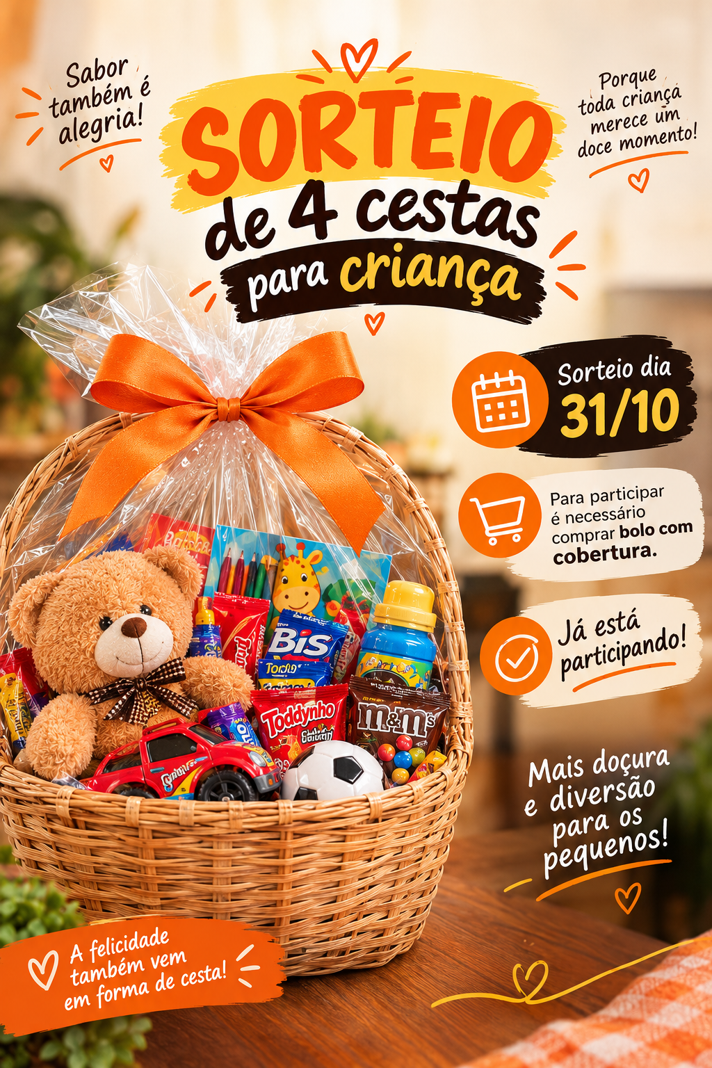 Sorteio de 4 cestas para criança – sorteio dia 31/10